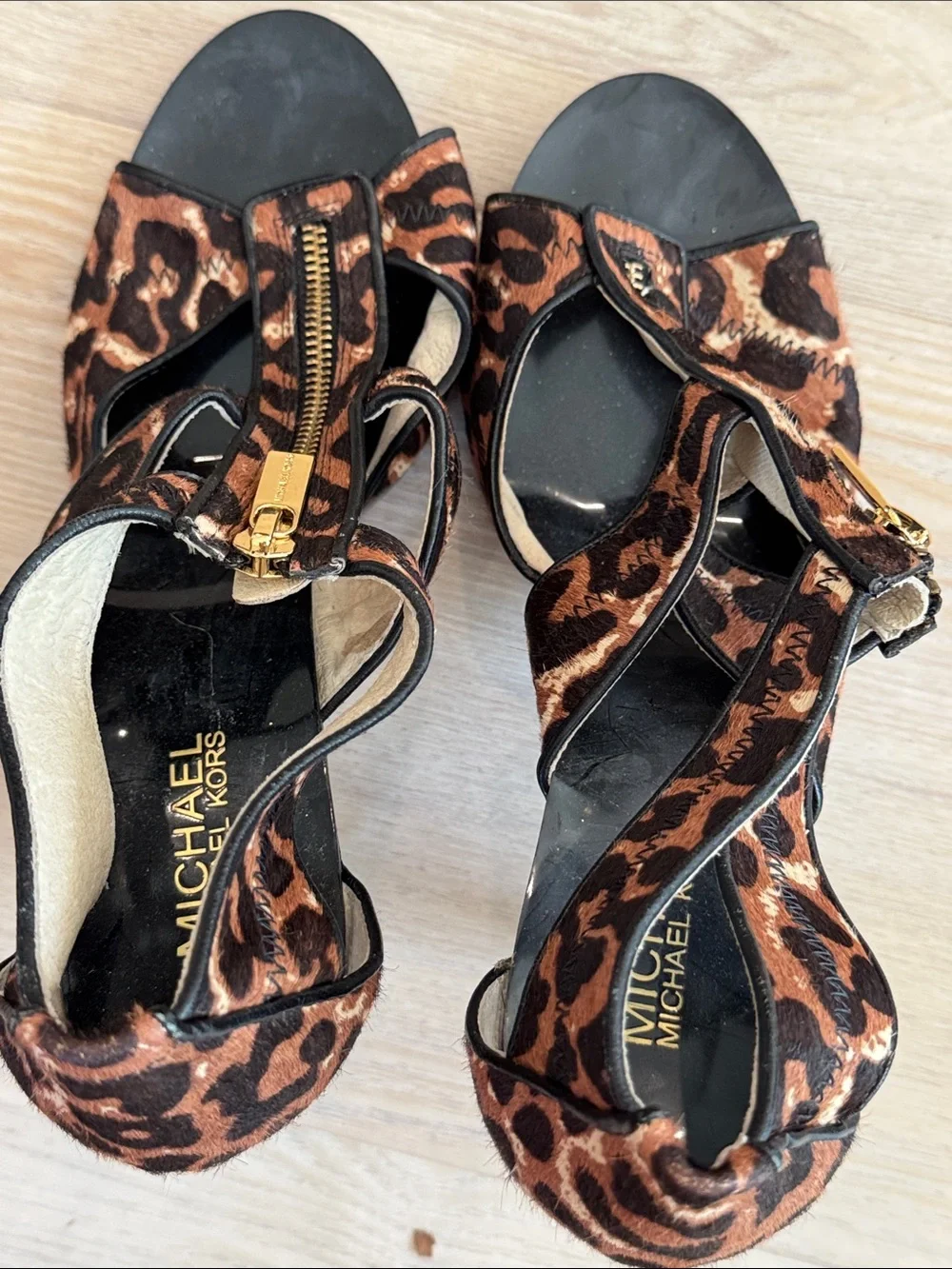 NEW Michael Kors Leopard-Print Zip Front Stiletto Sandals - Brown/Black/Gold
